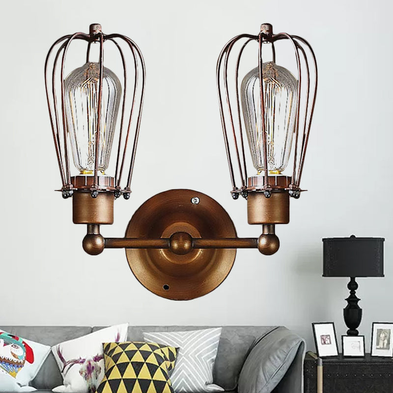 Industrial Style Caged Wall Sconce Lighting with Bulb Shade 2 Lights Metal Mini Wall Light in Copper/Aged Silver