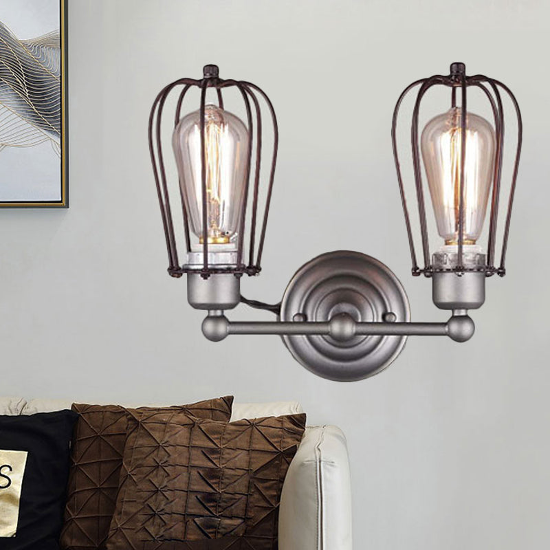 Industrial Style Caged Wall Sconce Lighting with Bulb Shade 2 Lights Metal Mini Wall Light in Copper/Aged Silver