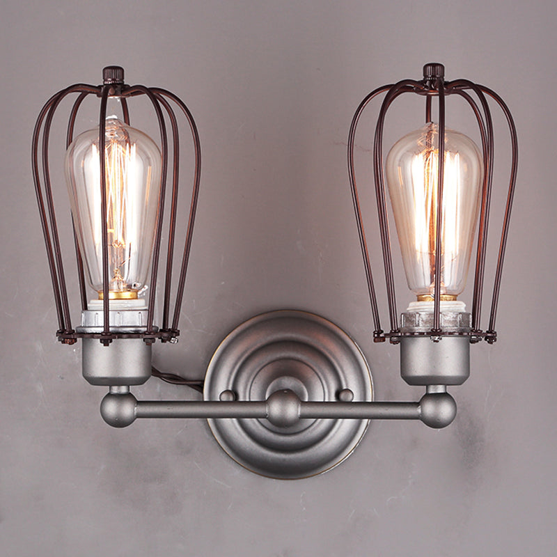 Industrial Style Caged Wall Sconce Lighting with Bulb Shade 2 Lights Metal Mini Wall Light in Copper/Aged Silver