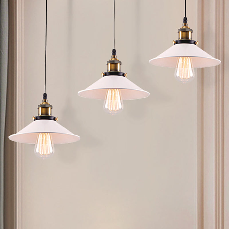 White Conic Ceiling Pendant Industrial Style Metallic 3 Heads Indoor Hanging Light with Linear/Round Canopy