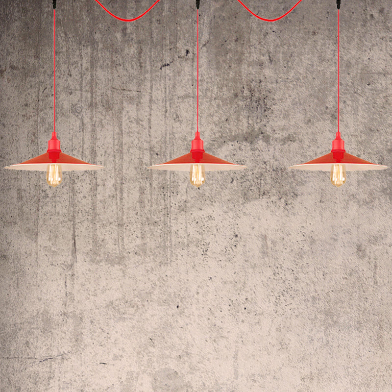 Industrial Style Flared Hanging Lamp 3/5 Lights Metallic Hanging Light Fixture in Red for Kitchen