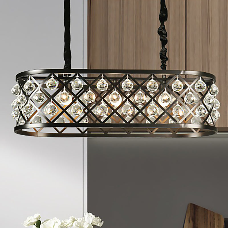 3 Lights Dining Room Chandelier Lamp with Oval Crystal and Metal Shade Vintage Black Ceiling Light
