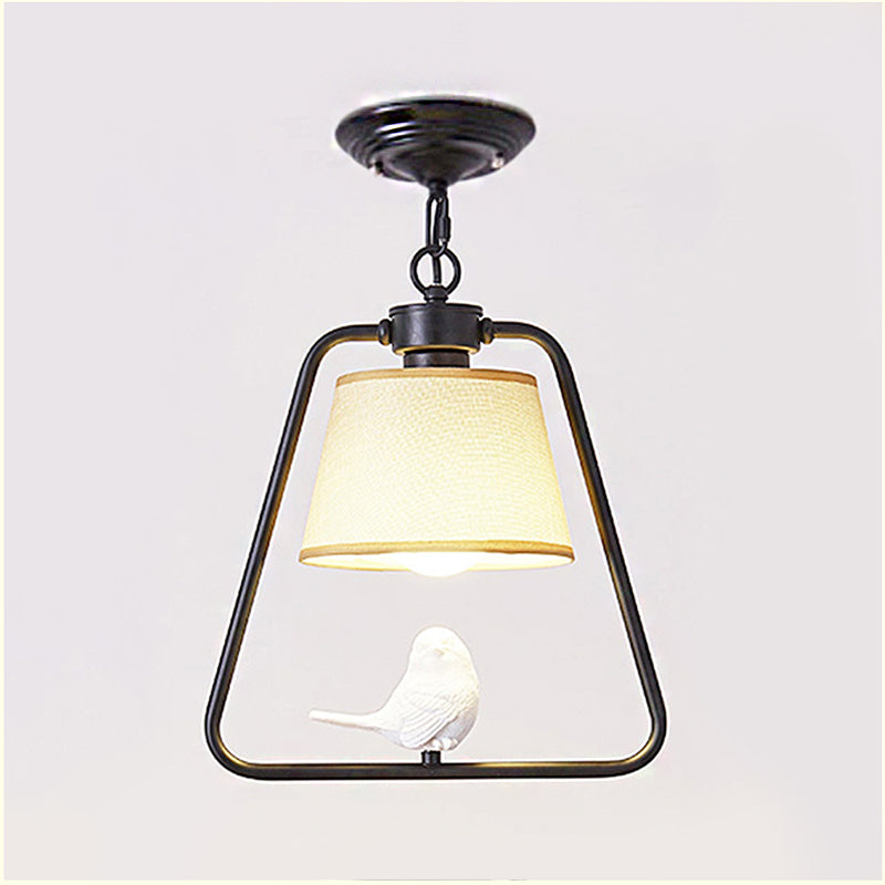 Black/White Cone Pendant Ceiling Light Traditional Fabric 1 Light Living Room Hanging Lamp with Bird
