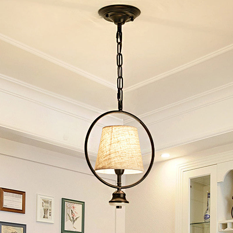 Black 1 Light Pendant Lighting Fixture Traditional Fabric Trapezoid Hanging Ceiling Light with Iron Ring
