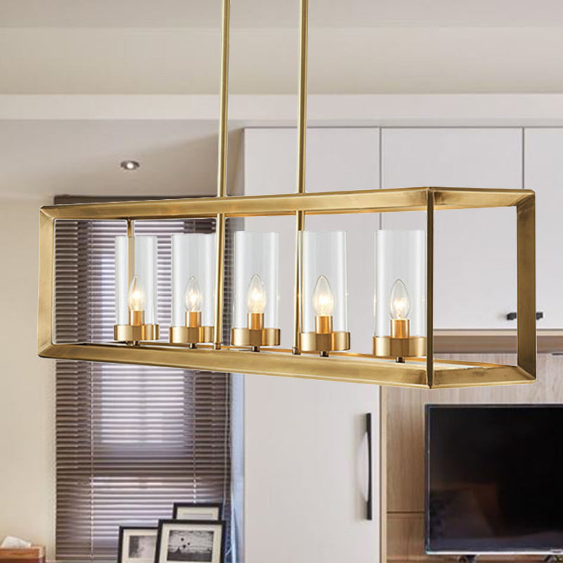 Classic Rectangle Hanging Pendant Light 3/4/5 Lights Clear Glass Island Lighting in Gold for Dining Room
