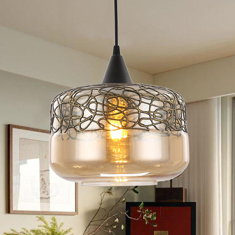 Amber Glass Drum Pendant Lighting Contemporary 1 Head Hanging Lamp Kit for Living Room