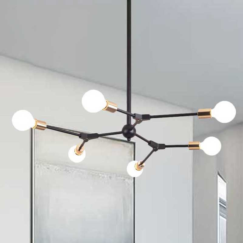 Schwarz -Finish -Zweighängung Licht Retro -Stil Metallic 6/8 Lichter Schlafzimmer Kronleuchterlampe mit offener Glühbirne