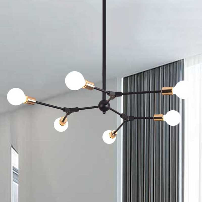 Black Finish Branch Suspension Light Retro Style Metallic 6/8 Lights Bedroom Chandelier Lamp with Open Bulb