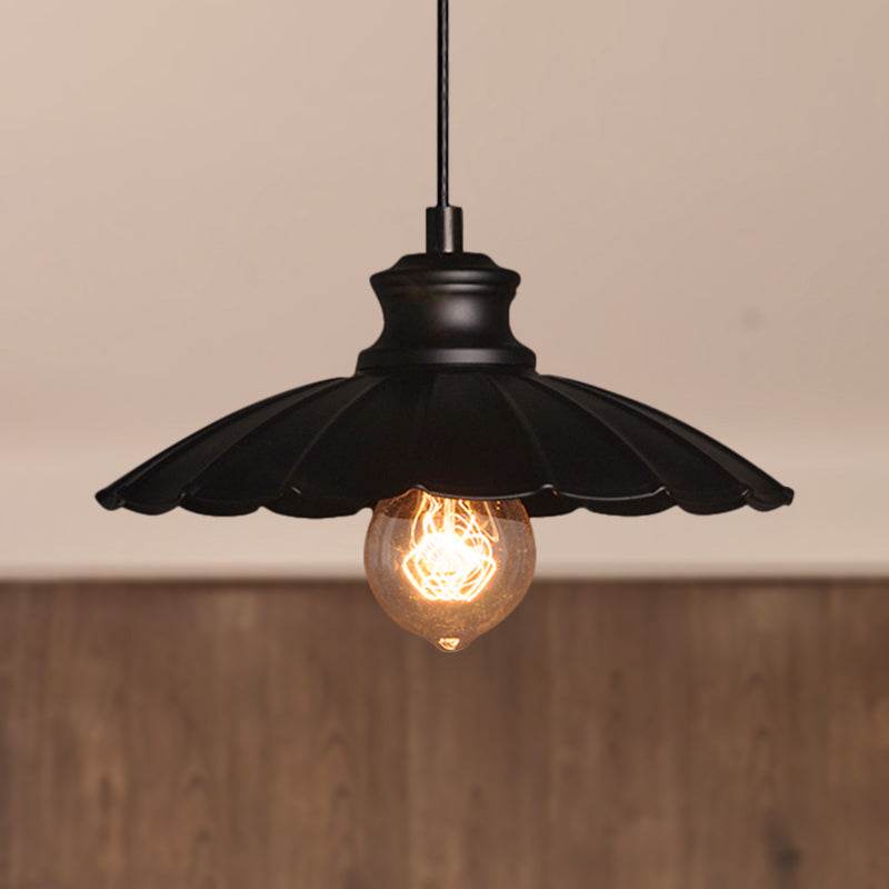 Metallic Black Pendant Lamp Scalloped Shade 1 Light Retro Style Hanging Ceiling Light for Kitchen