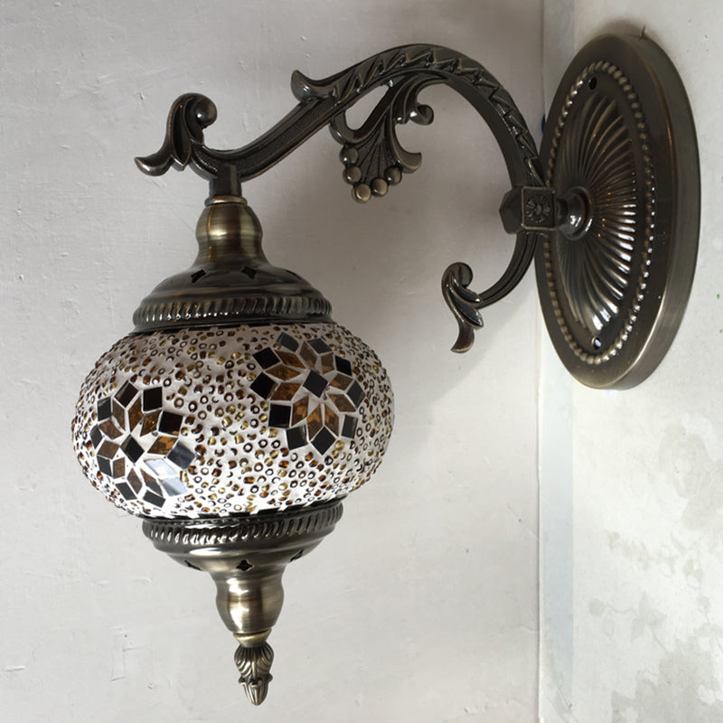 Antique Armed Sconce Metal 1 Bulb Wall Mounted Light Fixture with Global Tan/White Glass Shade for Stairway