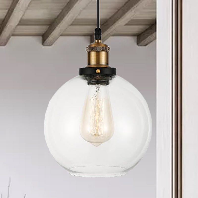 Luz de colgante colgante de globo de vidrio transparente con lámpara de suspensión industrial de cordón ajustable en latón