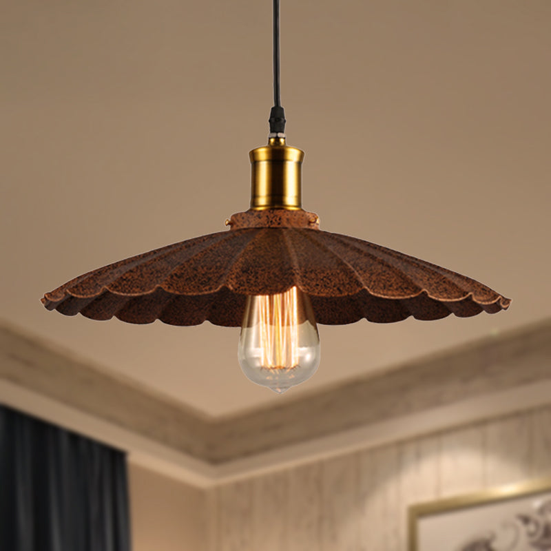 Rust Finish Scalloped Pendant Light Lodge Style Iron 1 Light Kitchen Hanging Lamp, 10"/12" Diameter