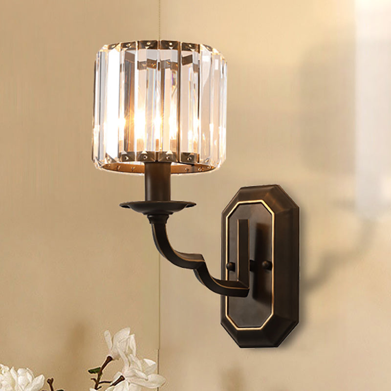 Cylindrical Wall Lighting Fixture Vintage Metallic 1 Head Black Wall Mount Lamp with Clear Faceted Crystal