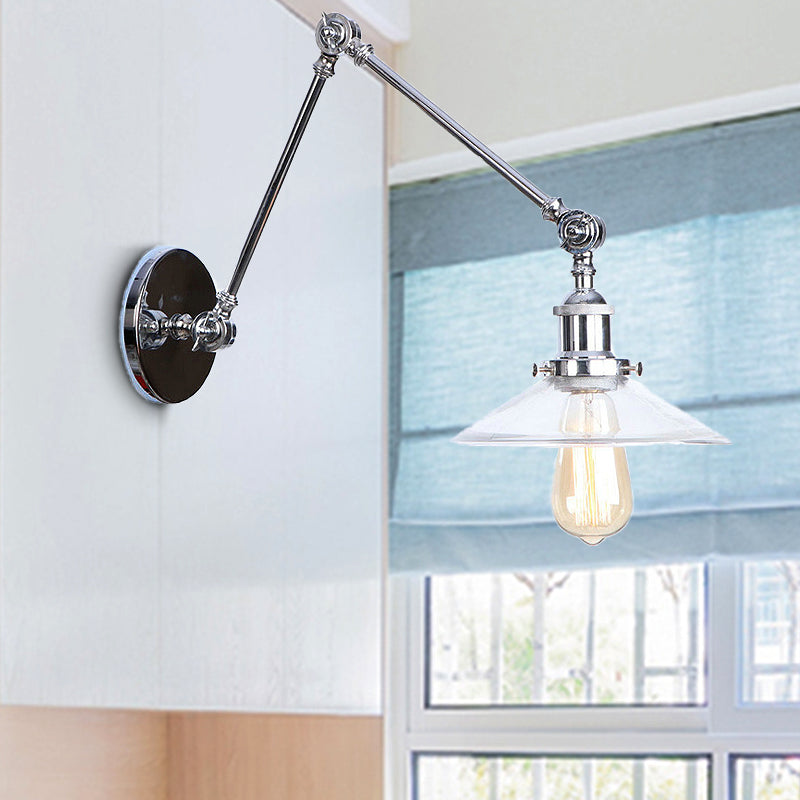 Clear Glass Tapered Wandleuchter Vintage Style 1 Licht Wohnzimmer Beleuchtung in Chrom