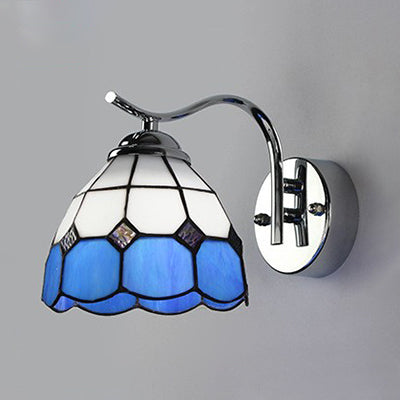 Industrial Vintage Gooseneck Wall Light Stained Glass 1 Light Wall Sconce Lighting in Clear/Blue