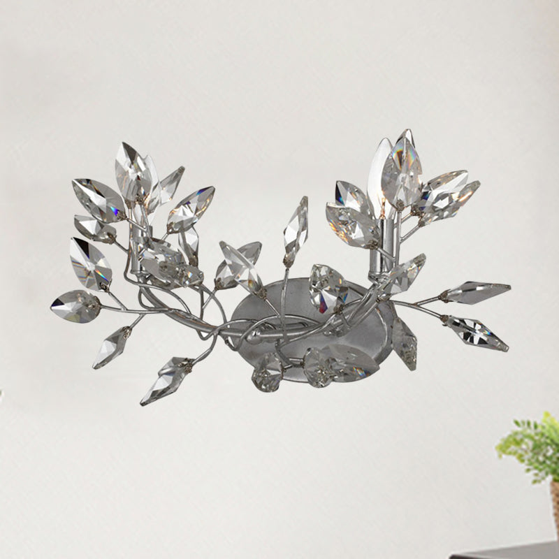 Leaf Sconce Light Modern Crystal 2 Lights Gold/Silver Wall Mount Light for Living Room