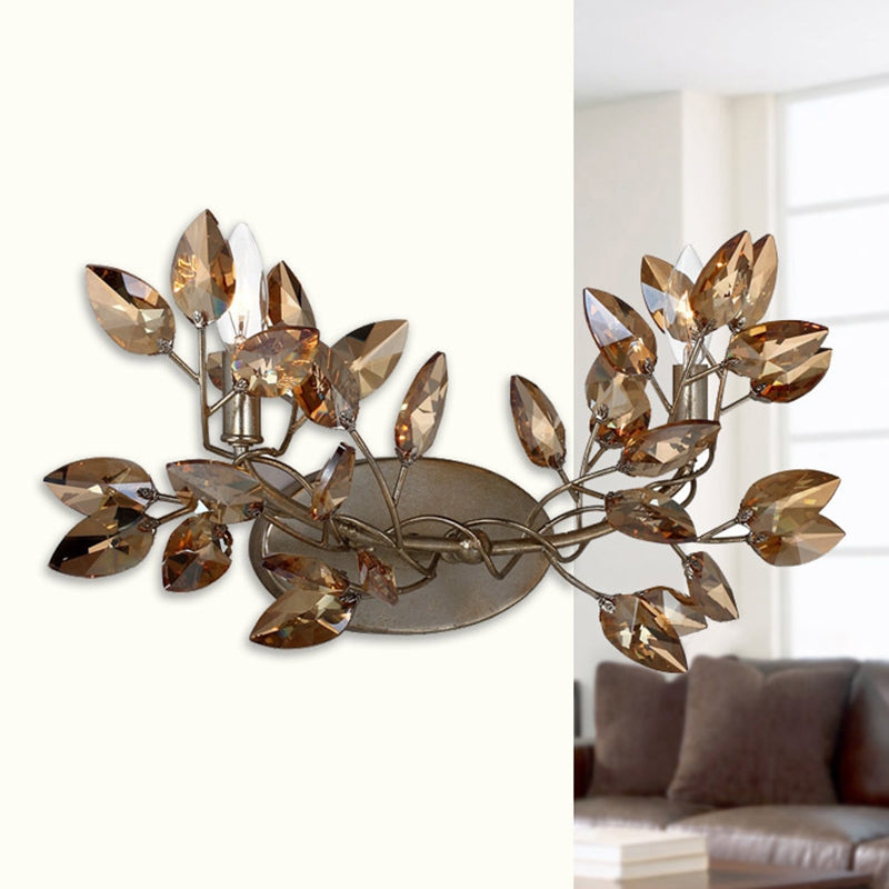 Leaf Sconce Light Modern Crystal 2 Lights Gold/Silver Wall Mount Light for Living Room