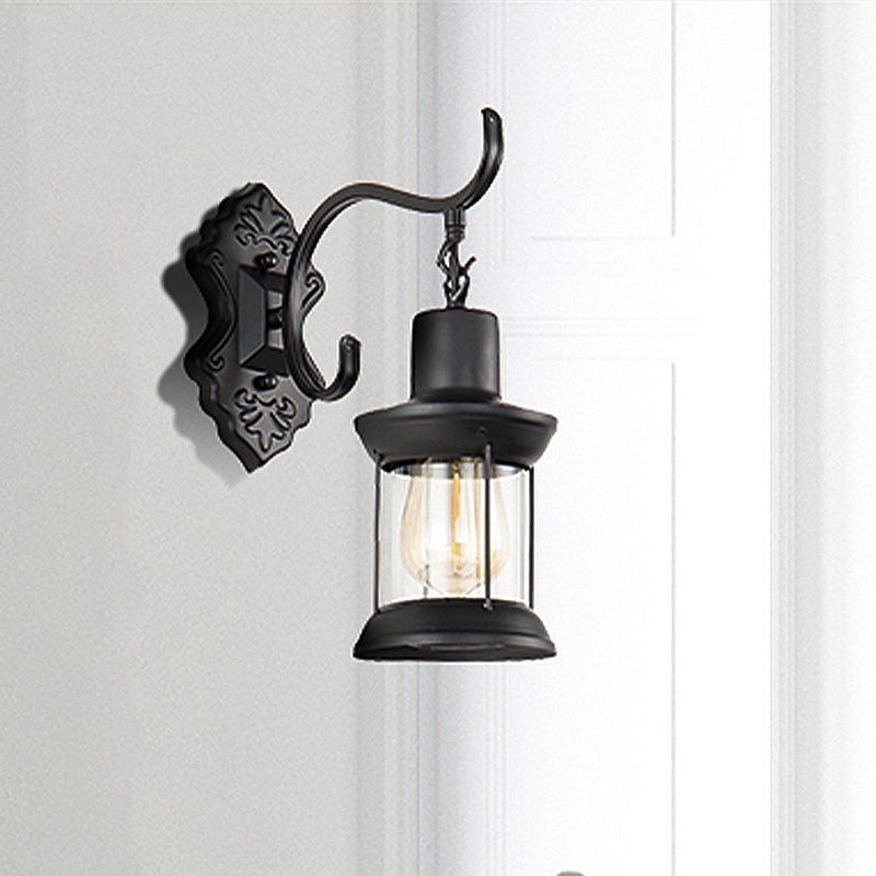 Lantern Clear Glass Wall Mounted Lamp Vintage Single Bulb Outdoor Sconce Light in Black with Carved Pattern