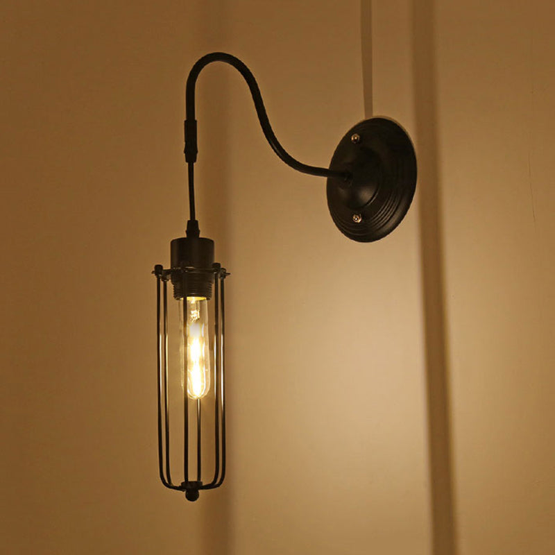 Metal Cylinder/Hexagon Caged Wall Hanging Light Farmhouse 1 Bulb Restaurant Wall Mount Fixture in Black