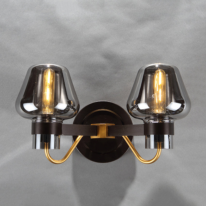2-Bulb Wall Light with Mushroom Shade Smoked Glass Modern Bedroom Sconce Lighting Fixture