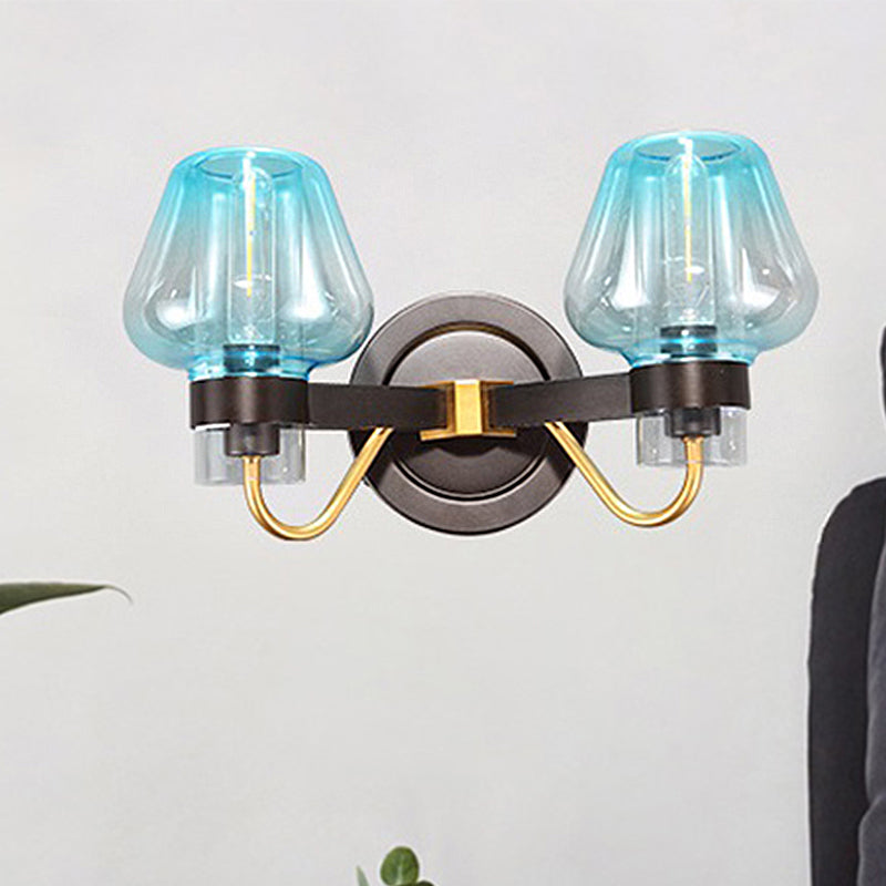 Lampada montata in vetro blu di funghi moderni 2 lampadine per la luce della camera da letto in nero