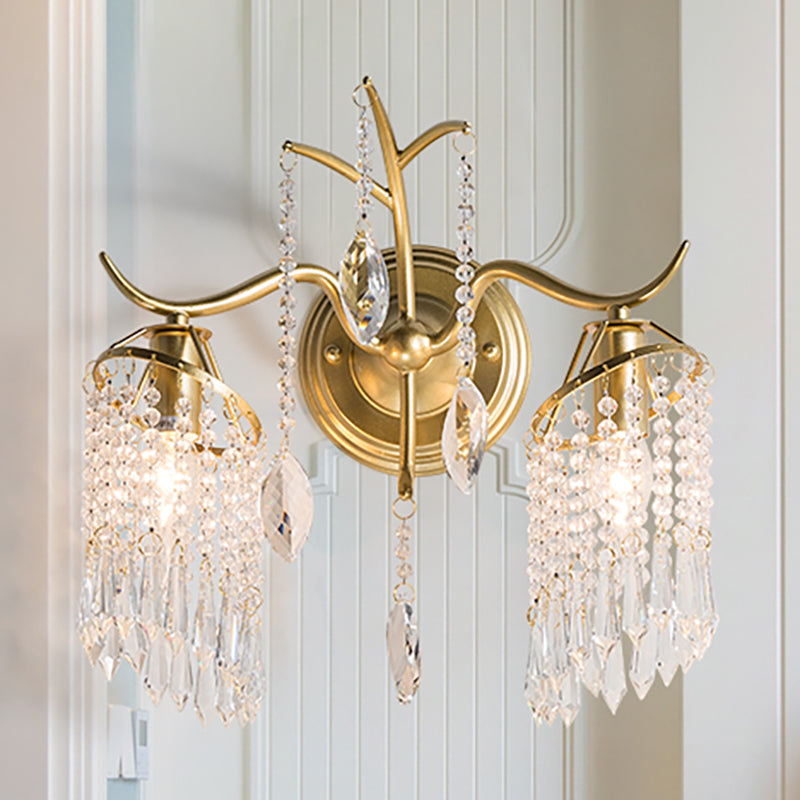 Contemporary 2 Lights Wall Light with Crystal Shade Brass Branch Sconce Light Fixture