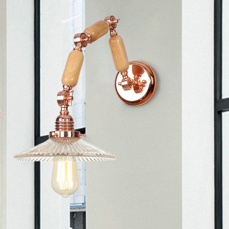 1 Light Scalloped Sconce Light Fixture Industrial Clear Ribbed Glass Wall Lamp for Living Room with Arm