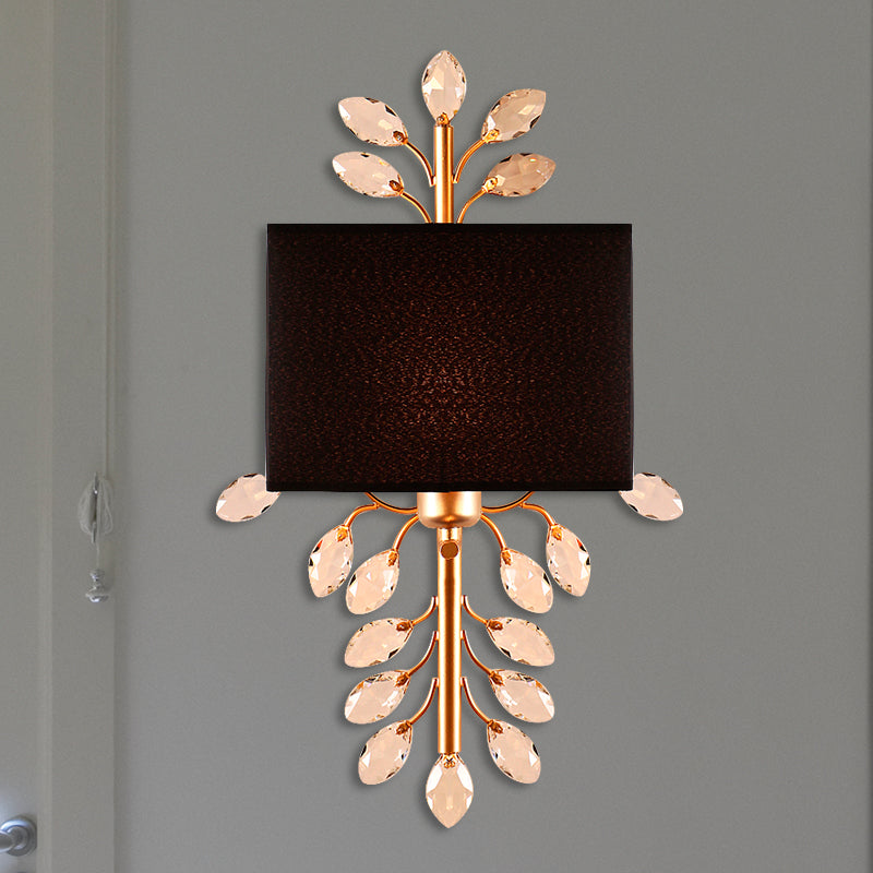 Black Rectangle Sconce Light Fixture Vintage Style 1 Bulb Fabric Wall Light with Clear Crystal Branching Design