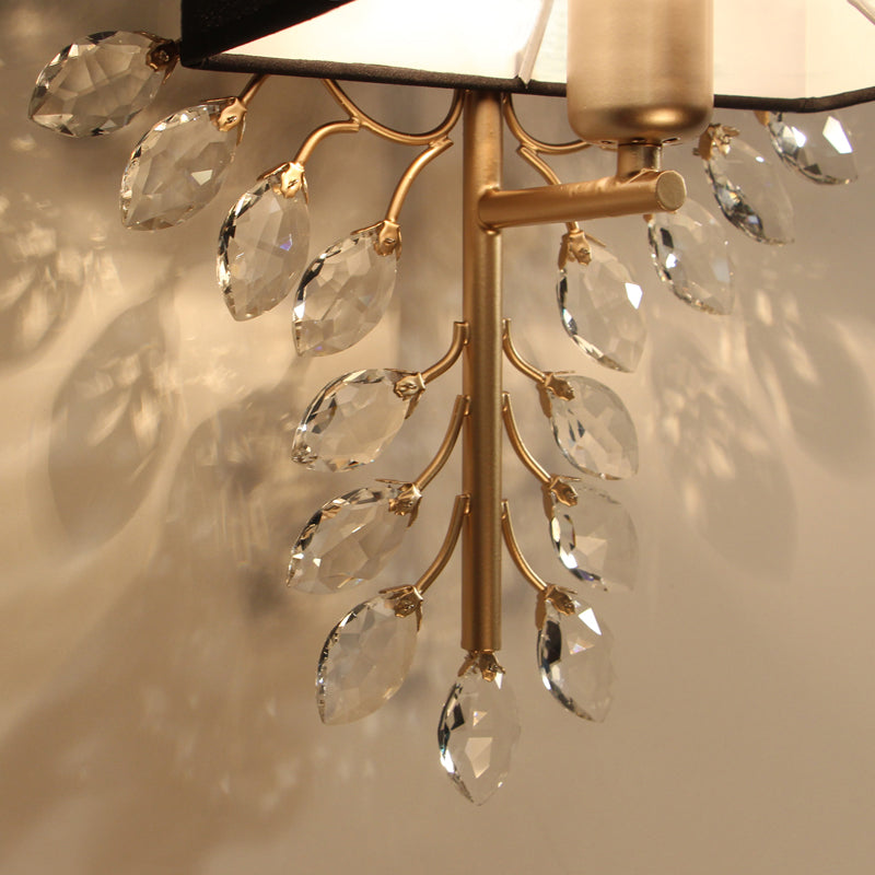 Black Rectangle Sconce Light Fixture Vintage Style 1 Bulb Fabric Wall Light with Clear Crystal Branching Design