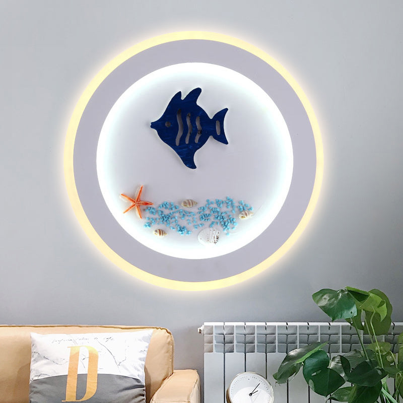 Nautical Stylish Circle Wall Light with Sea Acrylic LED Sconce Lamp in White for Child Bedroom