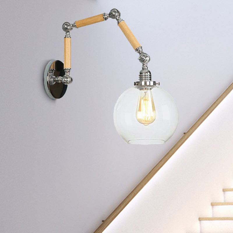 1 Light Orb Shade Sconce Light Fixture Vintage Silver Clear Glass Wall Lamp with Extendable Arm