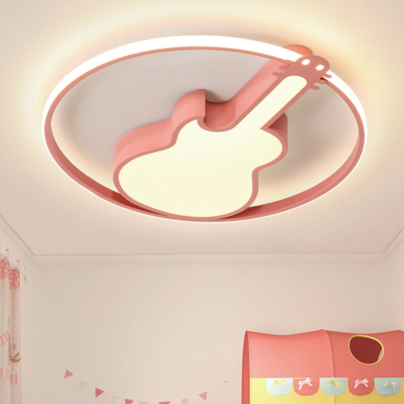 Circle Game Room Flush Mount Light with Guitar Acrylic Creative LED Ceiling Light in Candy Color