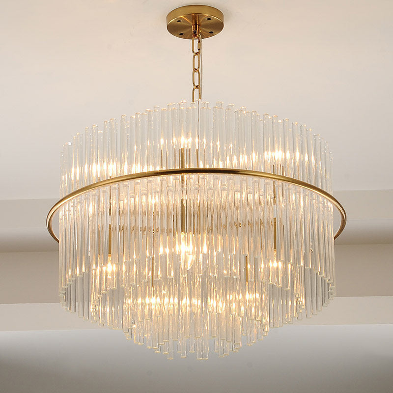 Modernism Tiered Ceiling Chandelier Crystal 9 Heads Pendant Light Fixture in Gold with Metal Chain