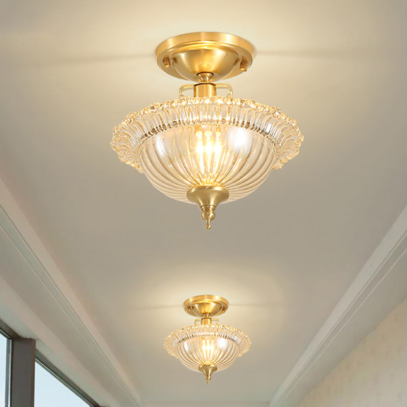 Flared Semi Flush Contemporary Ruffle Glass Shaded 1 Light Brass Ceiling Flush Mount