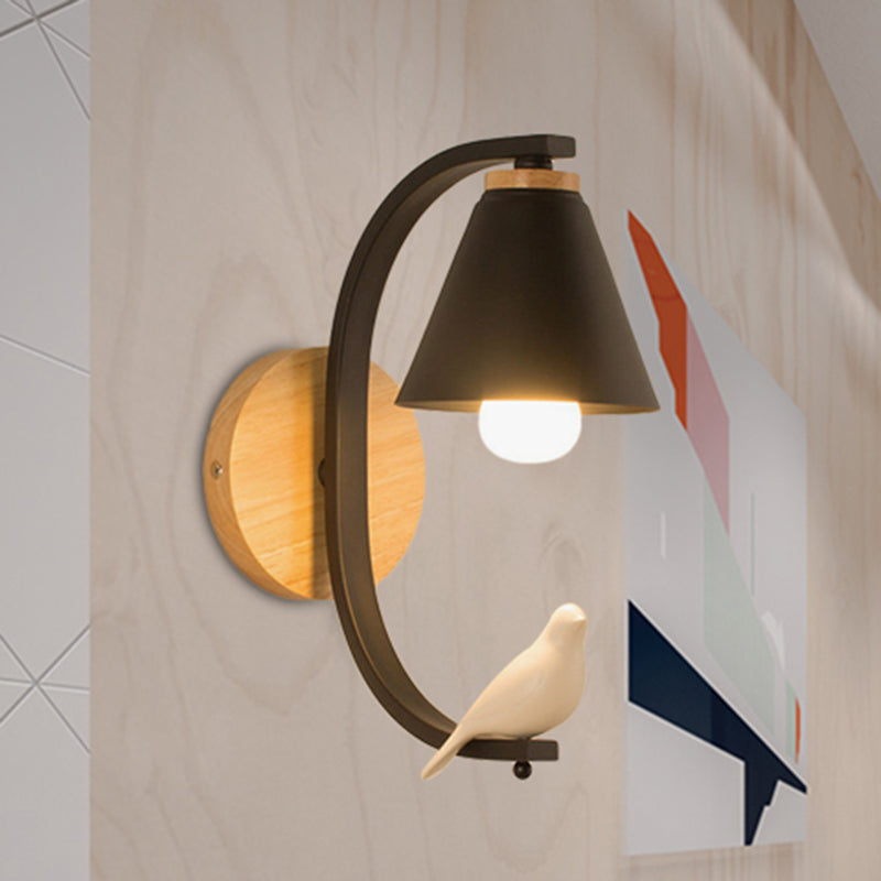 Nordic Style Conical Wall Light with Bird 1 Head Metal Sconce Light for Bedroom Hallway