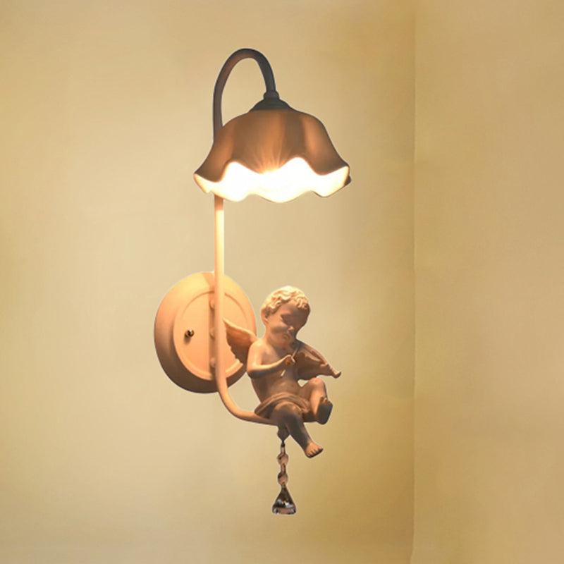 Modern Flower Wall Light with Angel 1 Light Metal Sconce Lamp in White for Bathroom