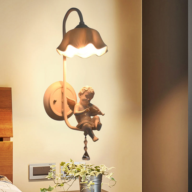 Modern Flower Wall Light with Angel 1 Light Metal Sconce Lamp in White for Bathroom