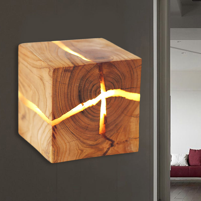 Rustic Style Cracked Cube Wall Light Wood Sconce Light for Kids Bedroom Nursing Room