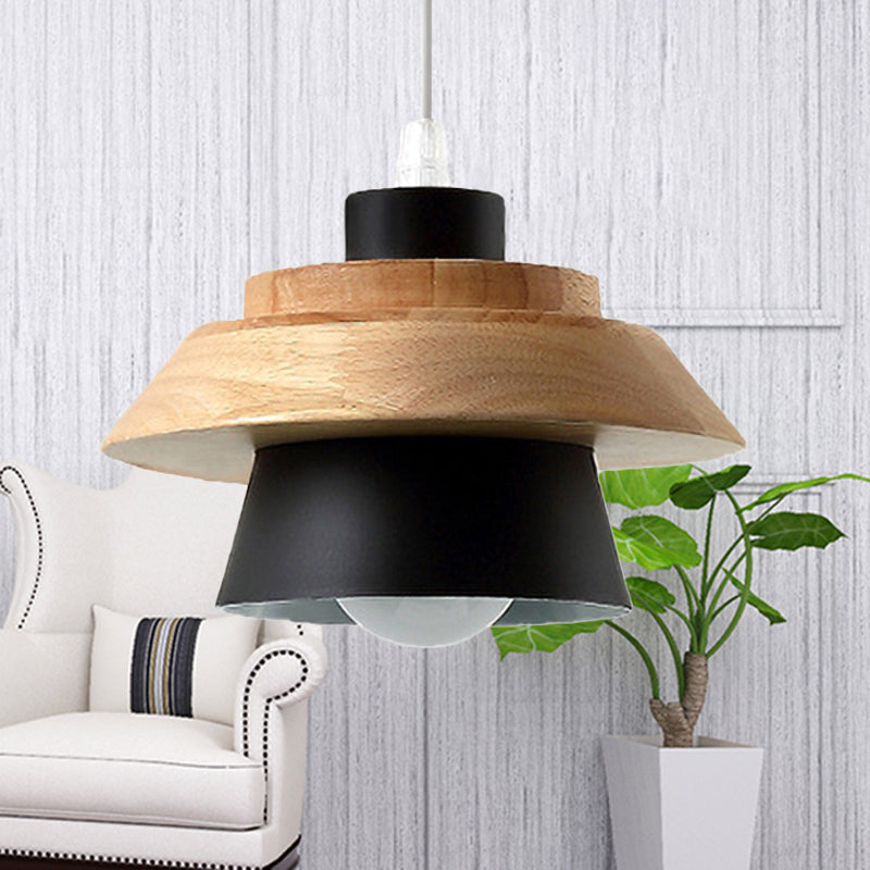 Macaron Style Mushroom Pendant Light Metal Wood 1 Light Hanging Light for Restaurant