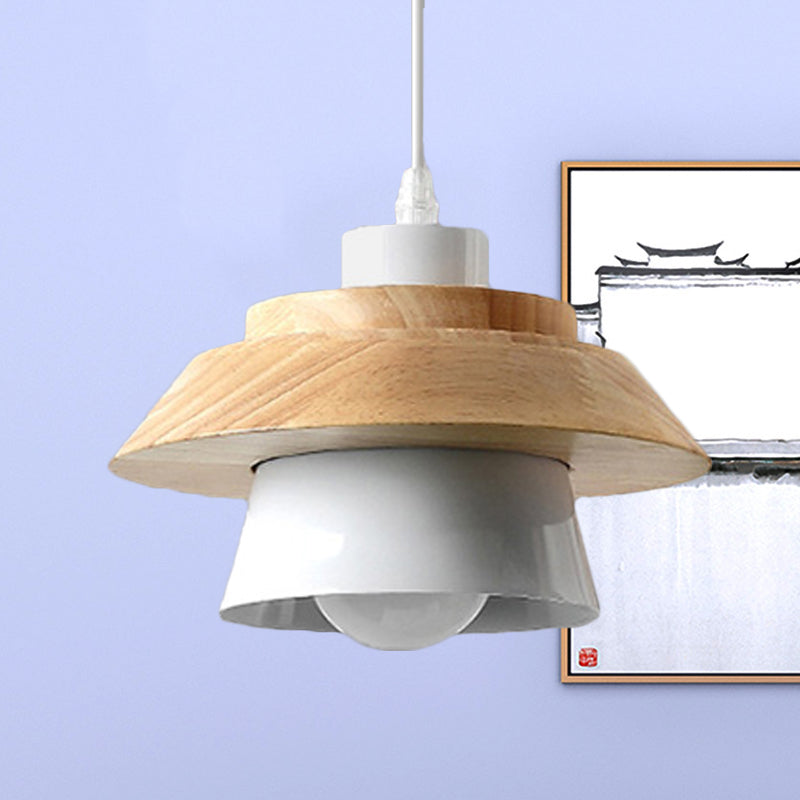 Macaron Style Mushroom Pendant Light Metal Wood 1 Light Hanging Light for Restaurant
