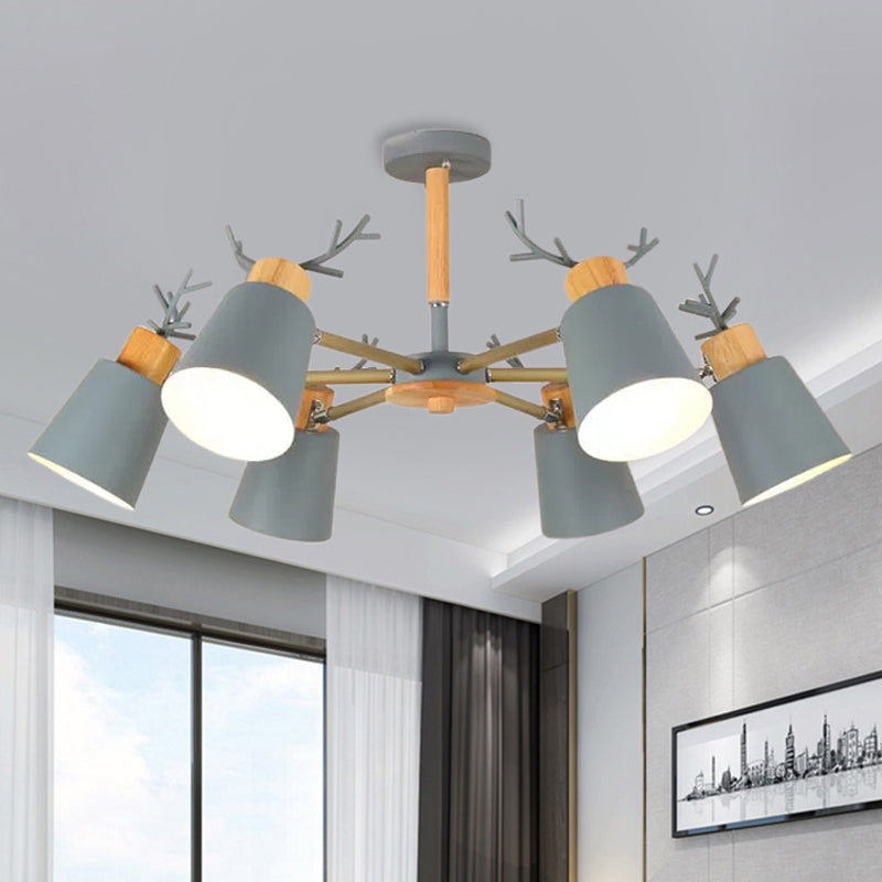 Nordic Bucket Semi Ceiling Mount Light Metal Wood Ceiling Lamp in Green for Living Room