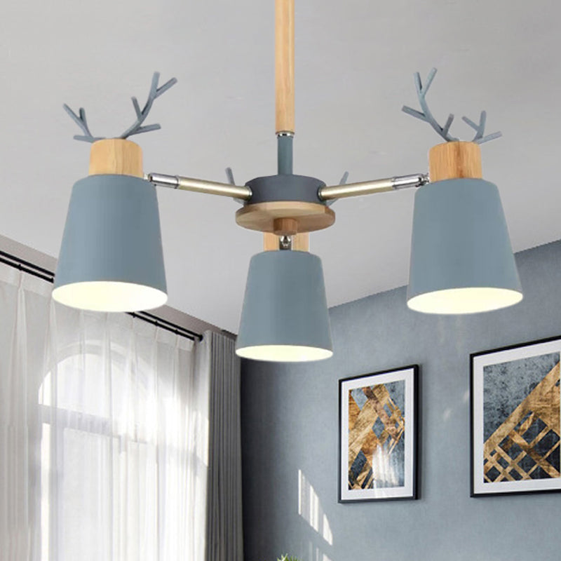 Nordic Bucket Semi Ceiling Mount Light Metal Wood Ceiling Lamp in Green for Living Room