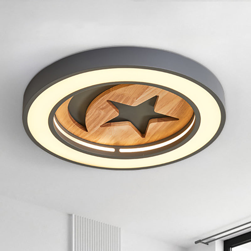 Baby Room Circulaire Flushmount Light with Star & Moon Wooden Nordic LED Ceiling Light