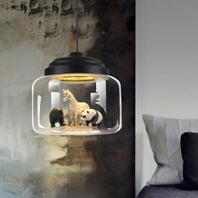 Hangende lamp voor slaapkamer, verstelbare moderne glazen cilinderhangingverlichting met dierendecoratie (willekeurige zendingen van dieren)