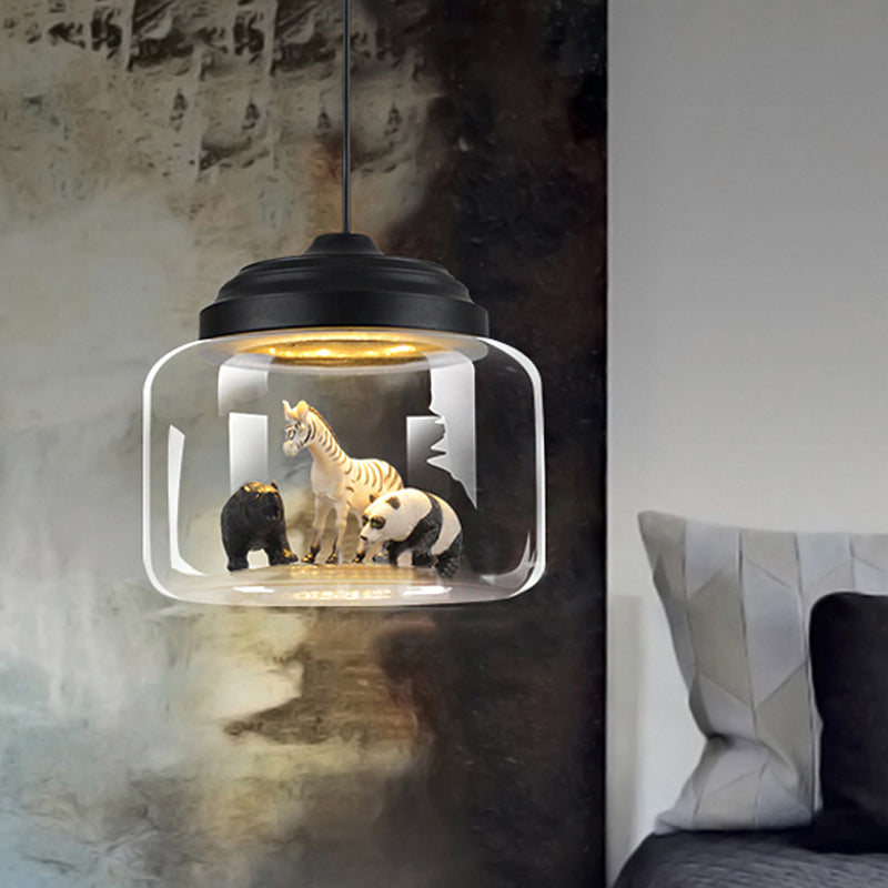 Hanging Lamp for Bedroom, Adjustable Modern Glass Cylinder Pendant Lighting with Animals Decoration (Random shipments of Animals)