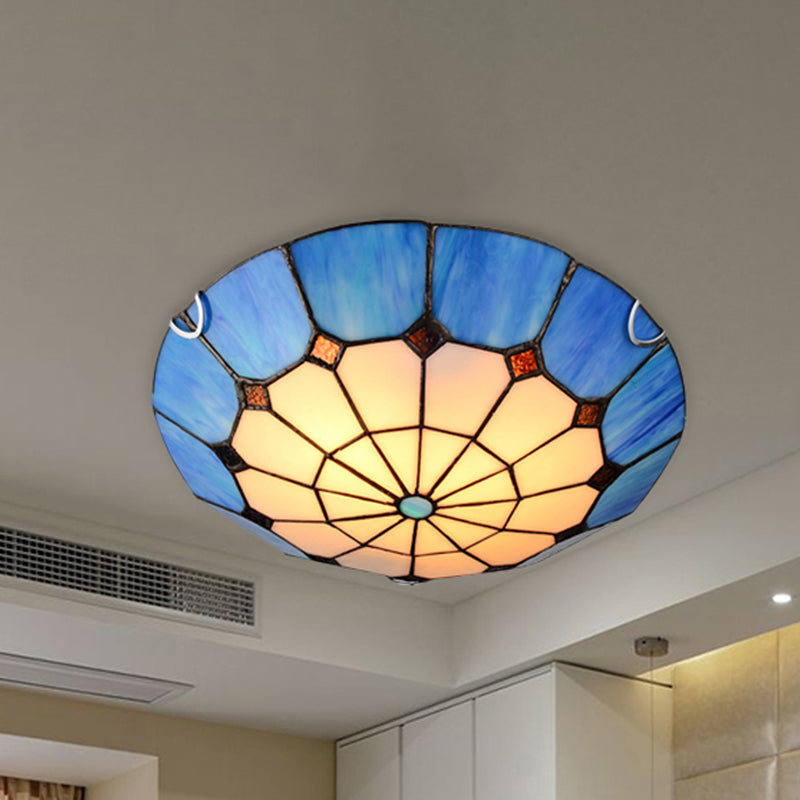 12"/16" Wide Art Glass Grid Bowl Ceiling Mount Light Tiffany Antique Ceiling Lamp in Blue/Orange/Yellow for Bedroom
