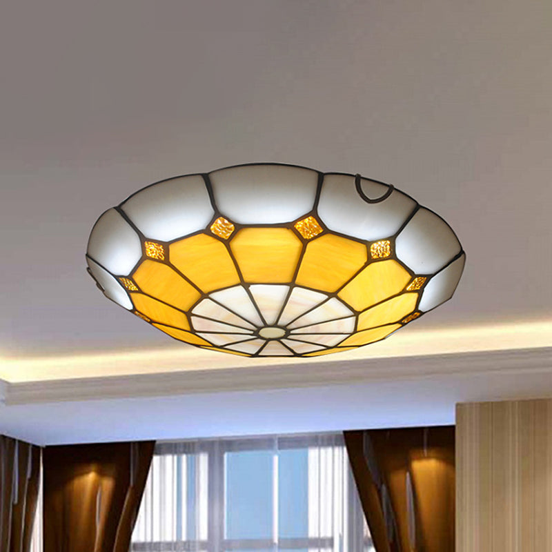 12"/16" Wide Art Glass Grid Bowl Ceiling Mount Light Tiffany Antique Ceiling Lamp in Blue/Orange/Yellow for Bedroom