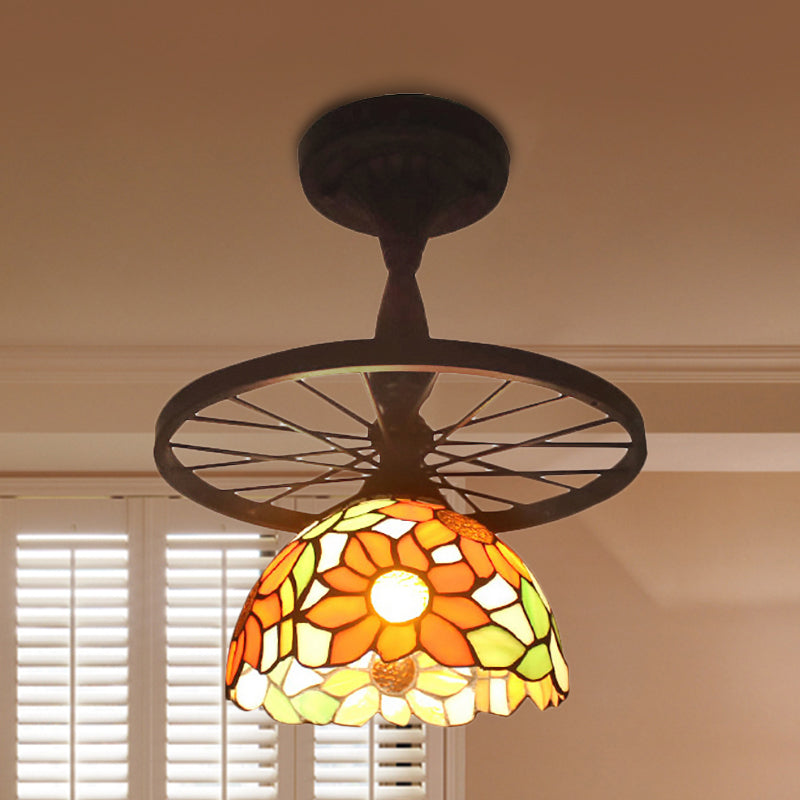 Tiffany Domed Semi Flush Mount Light with Wheel 1 Bulb Stained Glass Ceiling Light in Orange/Beige for Bedroom