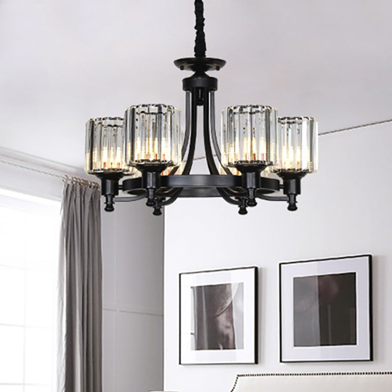 Lámpara de lámpara de araña negra/dorada de cristal elegante y metal 3/6 cabezas colgantes con sombra de cilindro