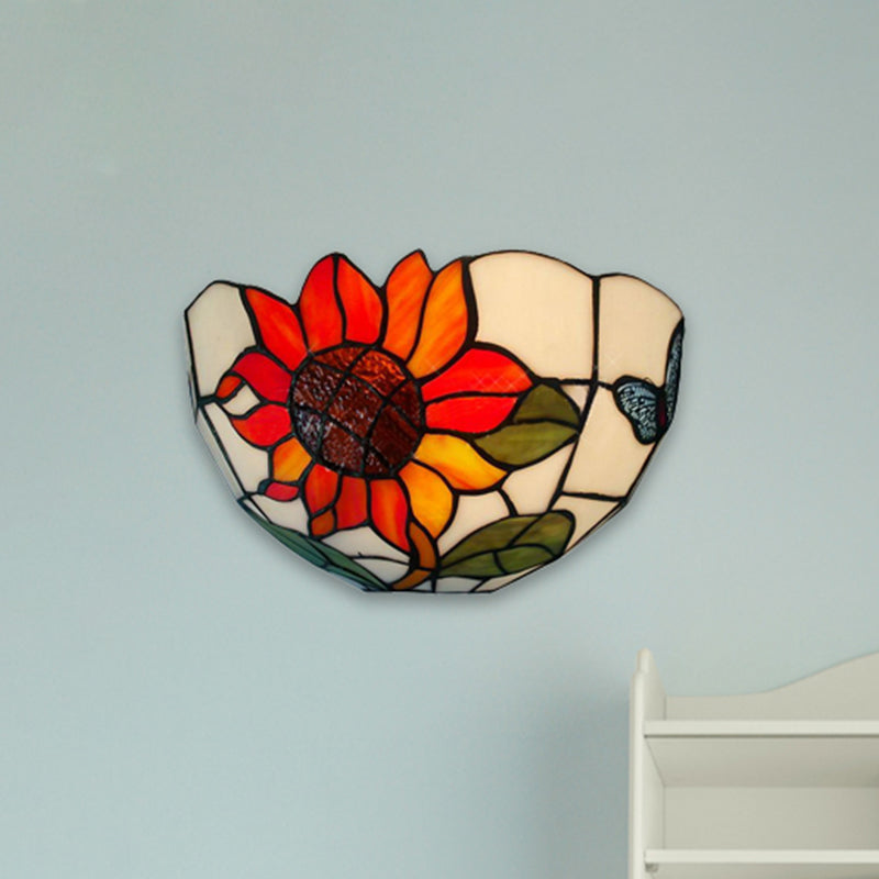 Sunflower Wall Lighting with Bowl Shade Stained Glass Rustic Tiffany Sconce Light